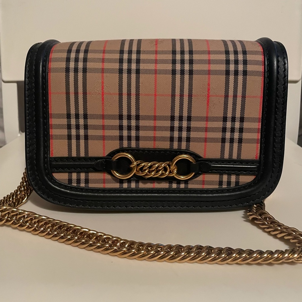 Burberry Runway Link Check with Trim Black Leather/ Canvas Shoulder Bag